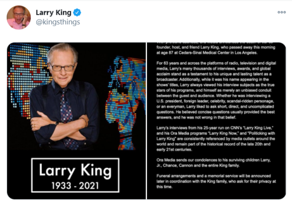 Pročitajte više o članku Umro Larry King: Otišao jedan od najpoznatijih, zvali su ga kraljem intervjua