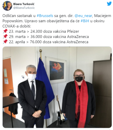 Pročitajte više o članku Bisera Turković na svom Twitter nalogu objavila datume dolaska vakcina iz COVAX-a