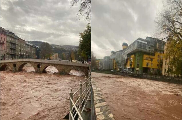 Pročitajte više o članku Miljacka u Sarajevu došla do ruba korita, ako nastavi rasti može poplaviti ulice
