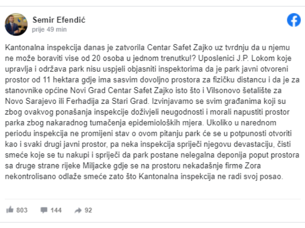 Screenshot post Semir Efendić