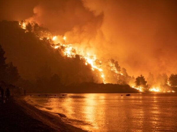 Flames rise as a wildfire burns in the village of Limni, on the island of Evia, Greece, August 6, 2021.