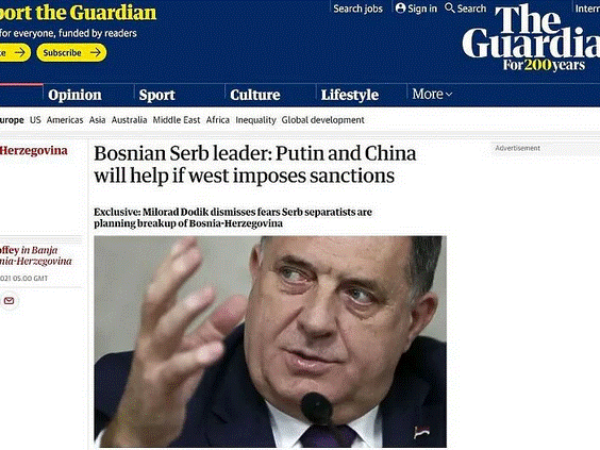 Dodik za Guardian kazao da računa na pomoć Kine i Rusije ukoliko Zapad uvede sankcije